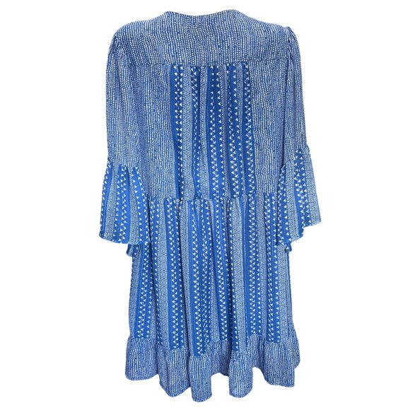 Sabina Musayev Dress Womens L Blue Geometric Boho Ruffle Bell Sleeve Mini - Picture 3 of 14